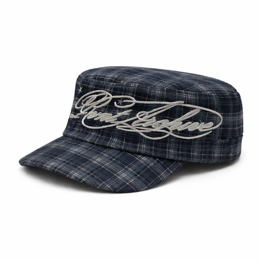 Plaid Embroidered Cadet Cap in Navy Blue
