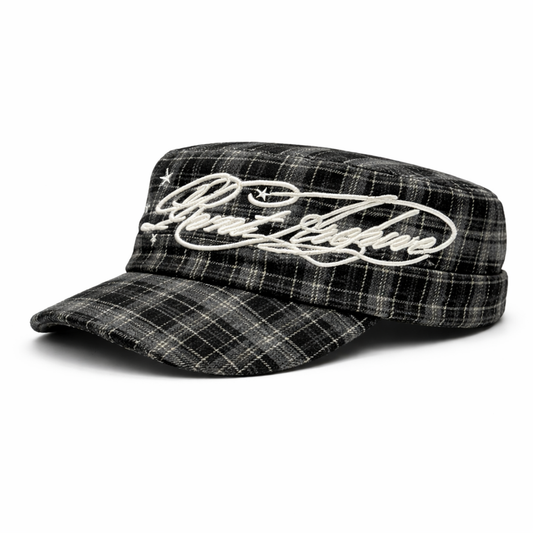 Plaid Embroidered Cadet Cap in Black