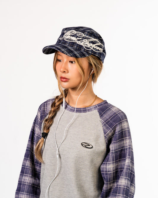 Plaid Embroidered Cadet Cap in Navy Blue