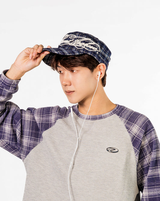 Plaid Embroidered Cadet Cap in Navy Blue