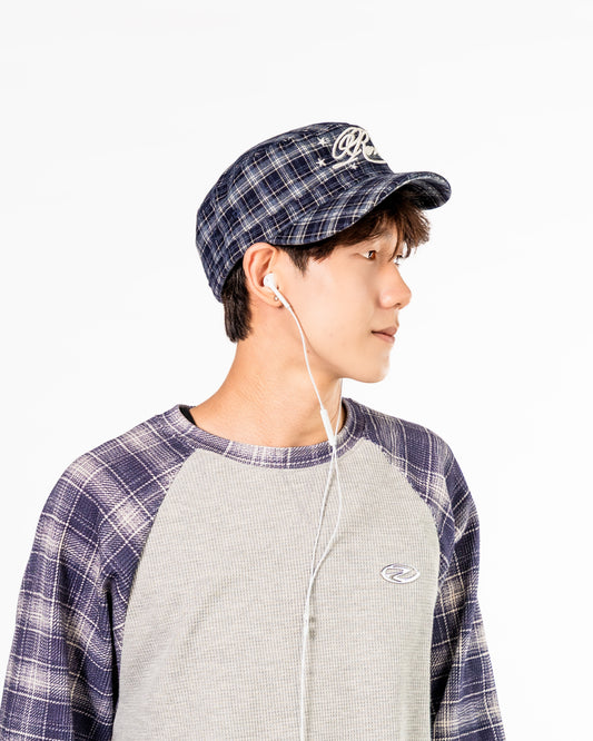 Plaid Embroidered Cadet Cap in Navy Blue