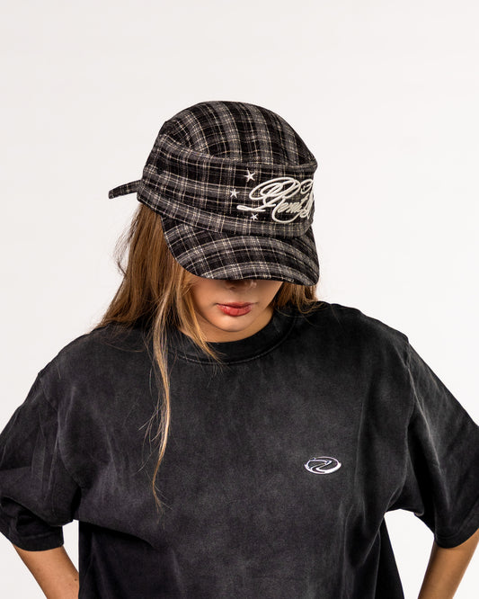 Plaid Embroidered Cadet Cap in Black