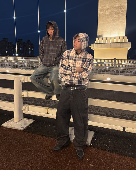 Plaid Full Zip Hoodie White