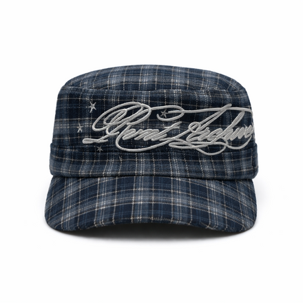 Plaid Embroidered Cadet Cap in Navy Blue